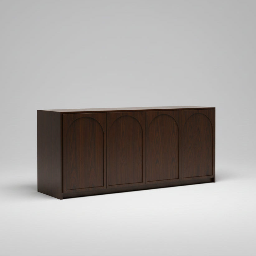 Dark wooden cabinet with arched design on a gray background