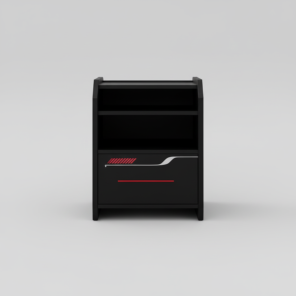 Black nightstand with a drawer next to a bed in a bedroom setting.