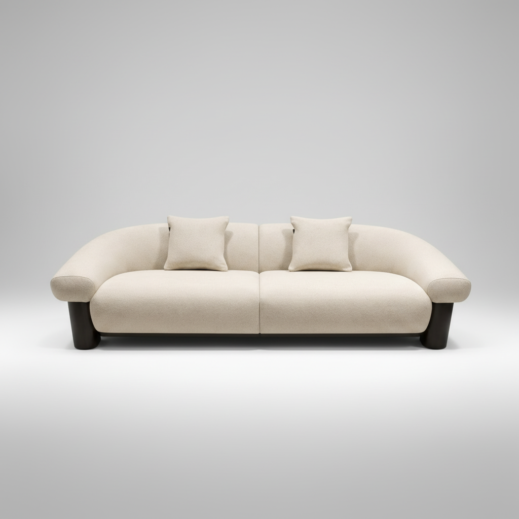 Beige sofa with dark wooden legs on a gray background