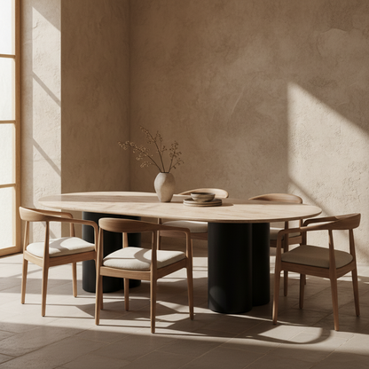 طاولة طعام أنيقة بتأثير حجر الترافرتين