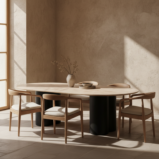 طاولة طعام أنيقة بتأثير حجر الترافرتين