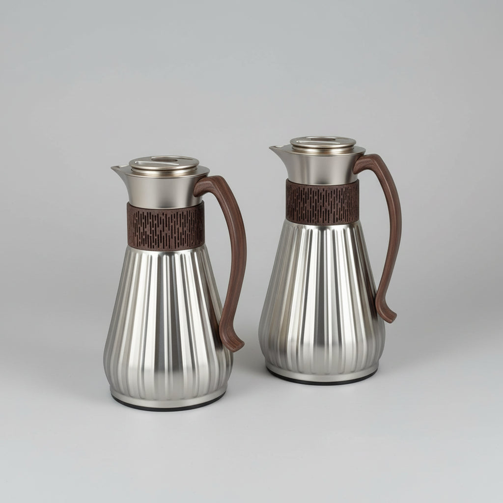 Rajwa Silver Thermos Set with Wooden Handle - 2 Pieces (1L + 0.7L)
