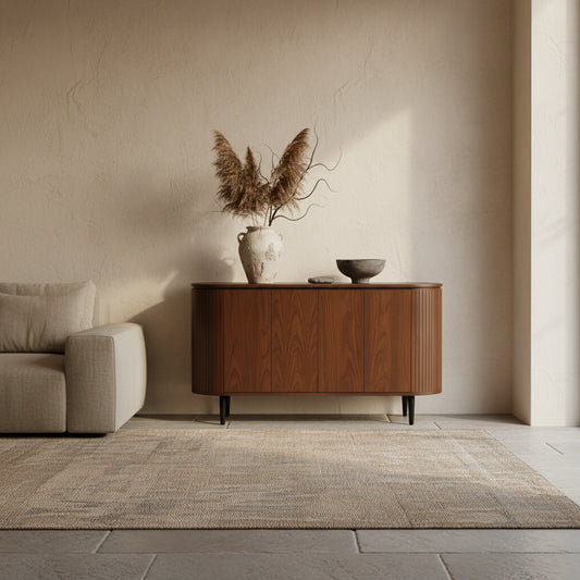 Wooden cabinet with glass doors in a modern interior setting