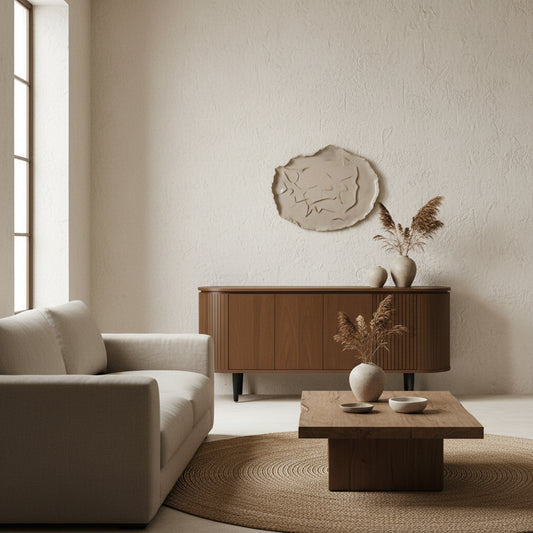 Wooden sideboard with a decorative painting above it in a room with wall sconces.