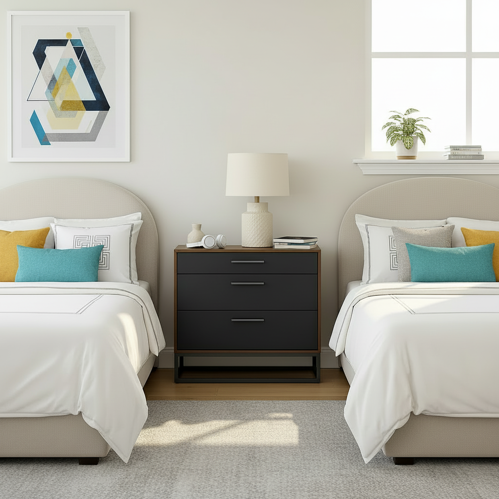 Black three-drawer nightstand with wooden accents next to a bed in a bedroom setting.
