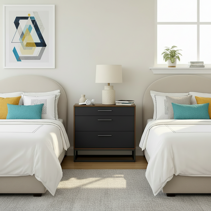 Black three-drawer nightstand with wooden accents next to a bed in a bedroom setting.