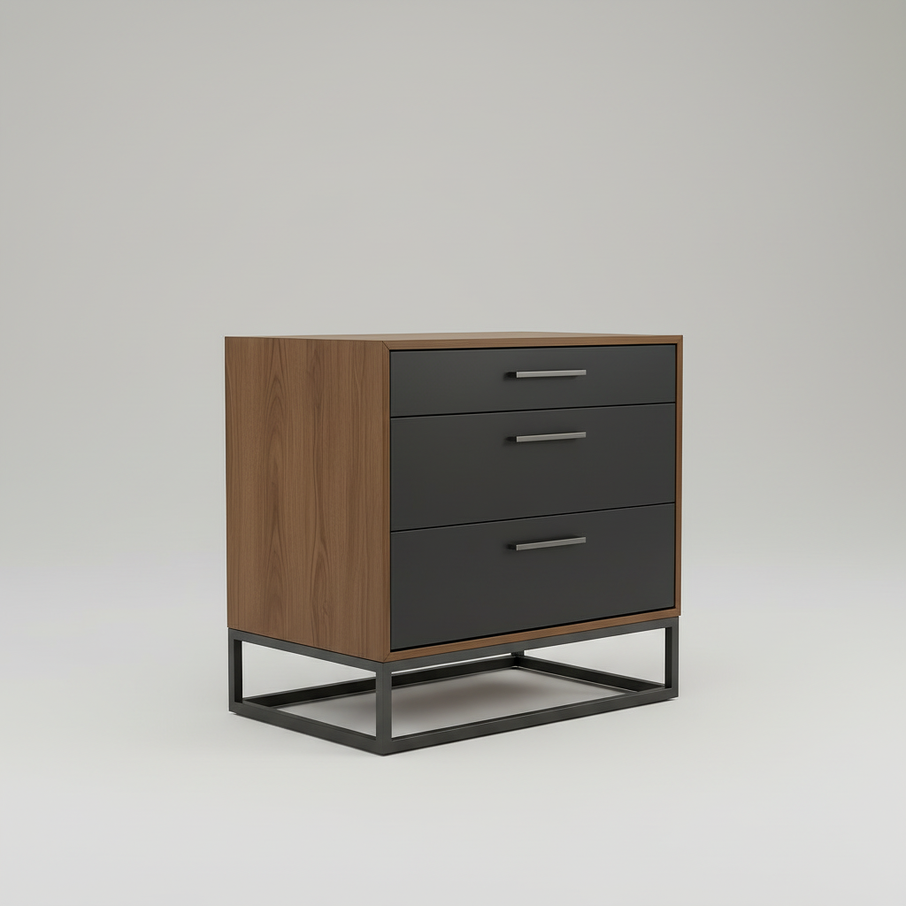 Black three-drawer nightstand with wooden accents next to a bed in a bedroom setting.
