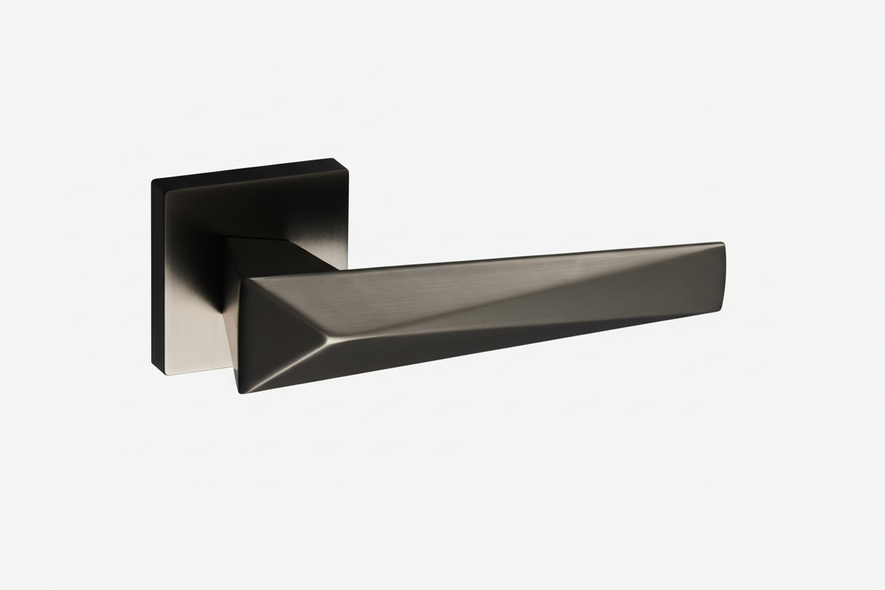 Modern door handle with a geometric design on a white background