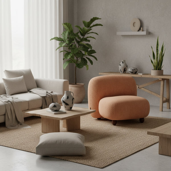 Beige armchair on a wooden floor with curtains in the background
