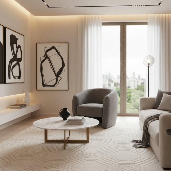 Gray armchair in a room with plants and a side table.