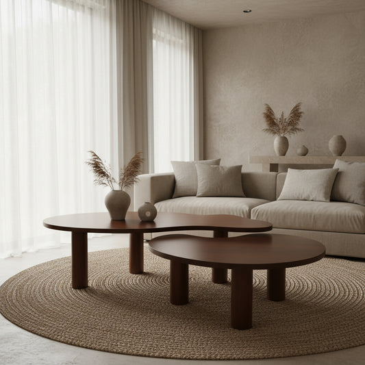 Two wooden coffee tables on a textured floor.