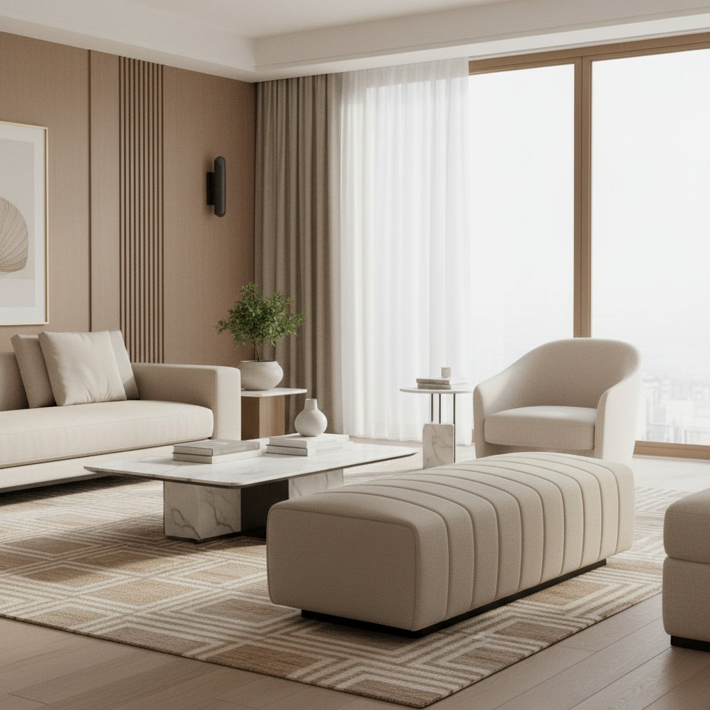 Gray upholstered ottoman in a modern living room setting with a coffee table and sofa.