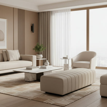 Gray upholstered ottoman in a modern living room setting with a coffee table and sofa.