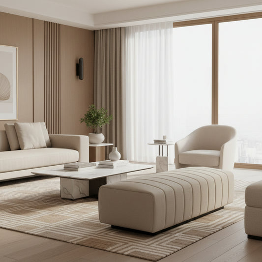 Gray upholstered ottoman in a modern living room setting with a coffee table and sofa.