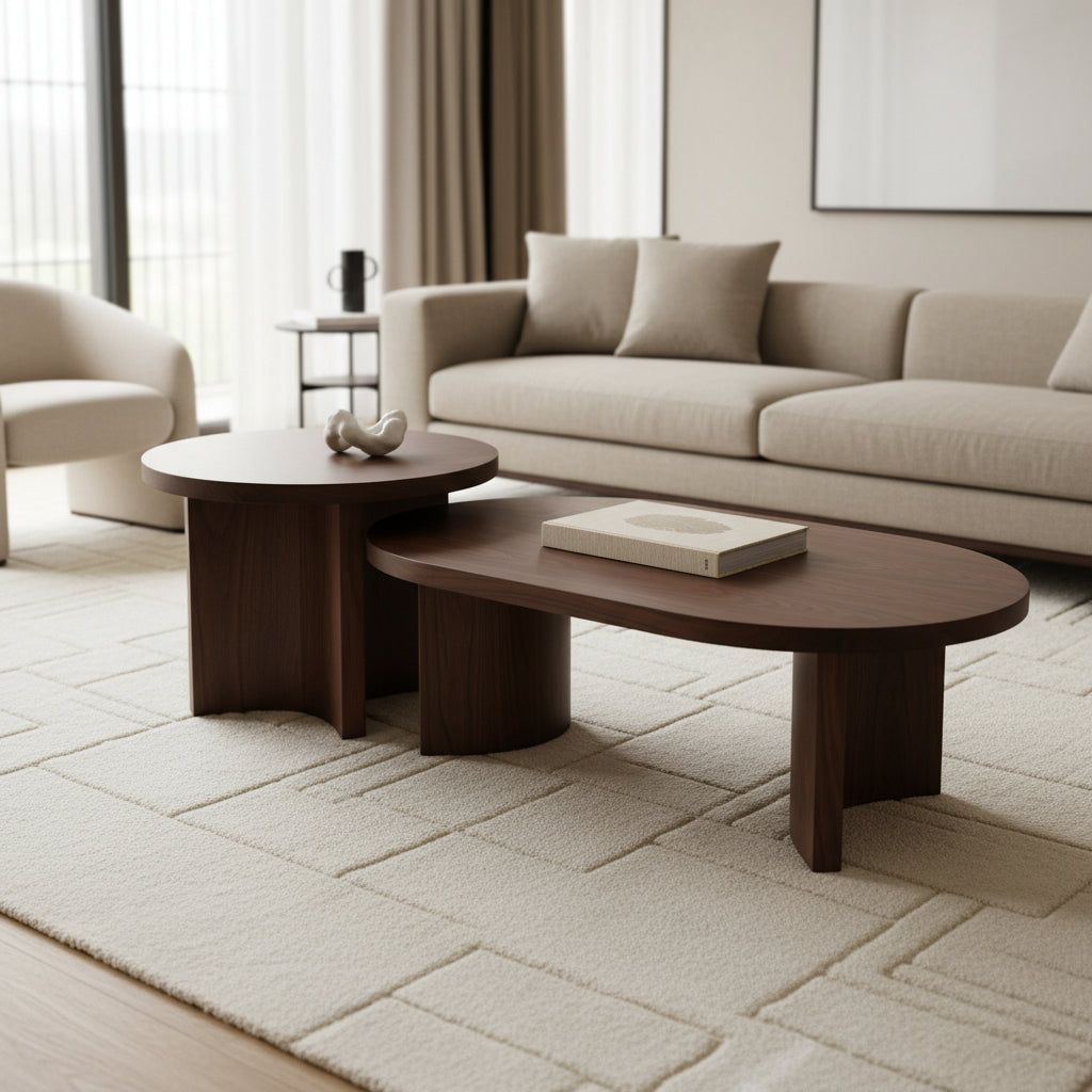 Two wooden coffee tables on a wooden floor with a sofa in the background.