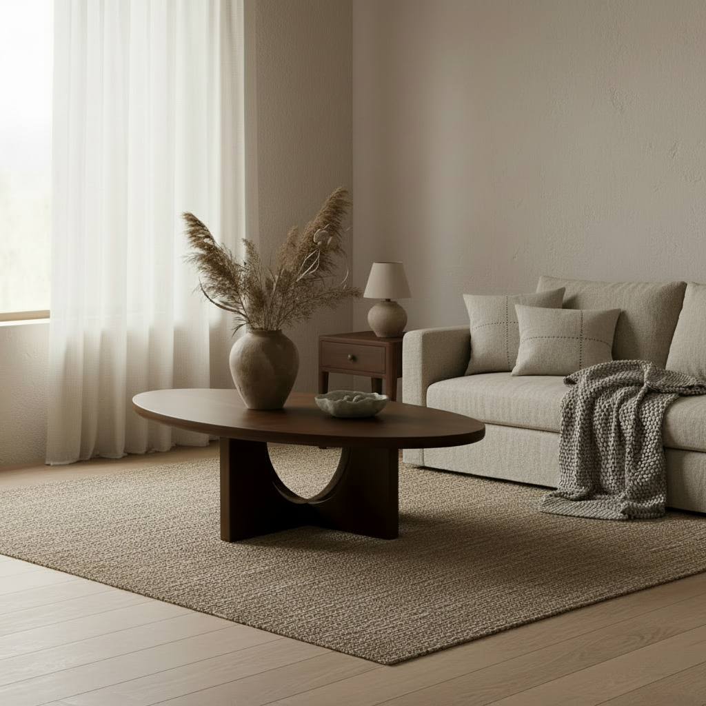 Round wooden table with a white circular inset on a white background
