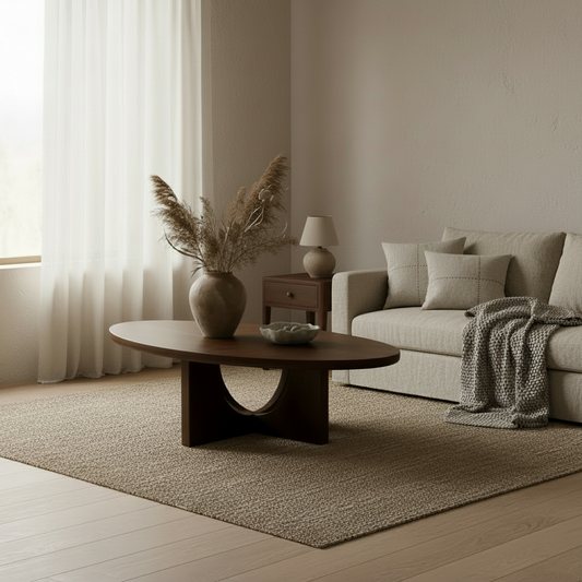 Round wooden table with a white circular inset on a white background