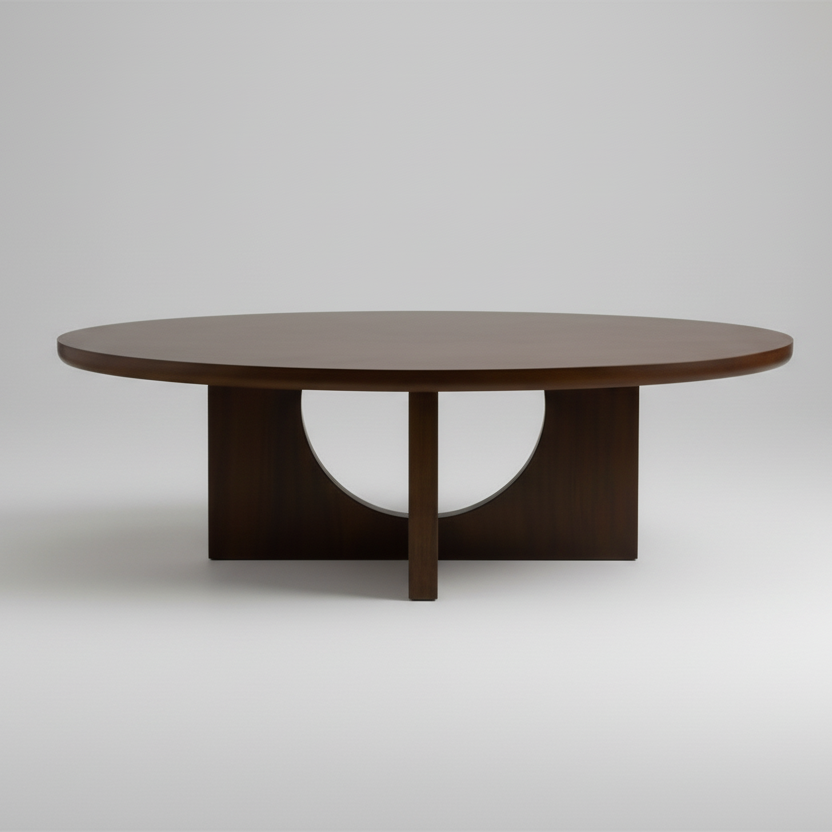 Round wooden table with a unique base design on a white background