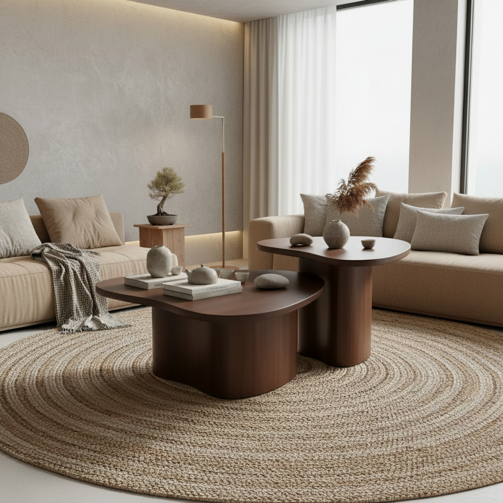 Two wooden coffee tables with a modern design on a white background