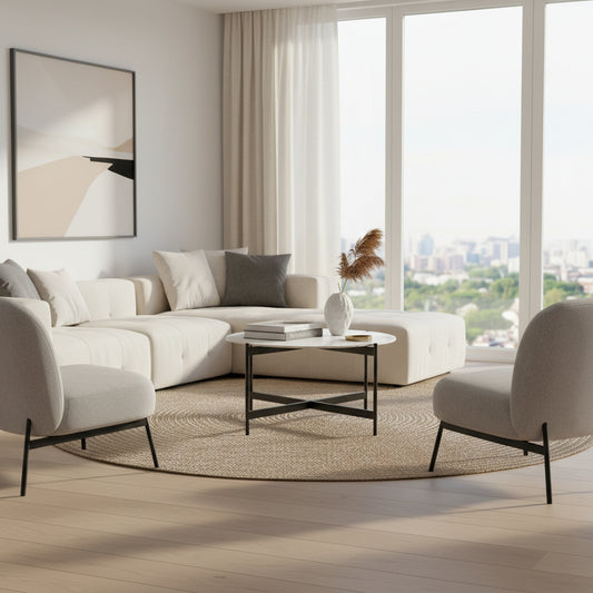 Round table with marble-like top and black metal legs against a brown wall.