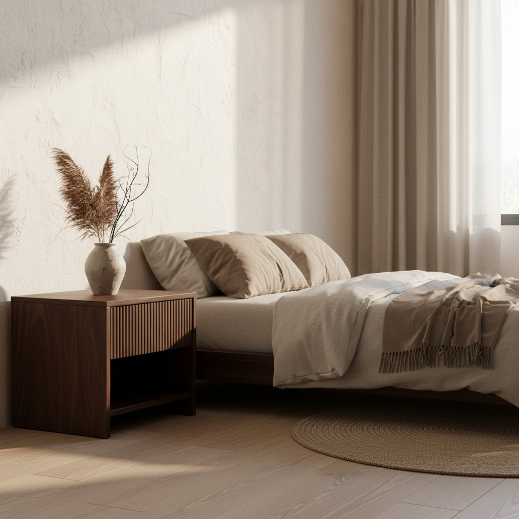 Wooden nightstand with a lamp next to a bed in a bedroom setting