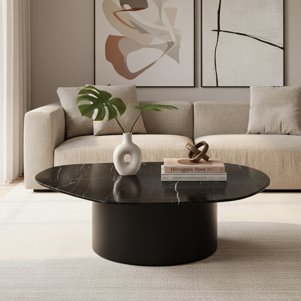 Round coffee table with marble top and black base on a white background