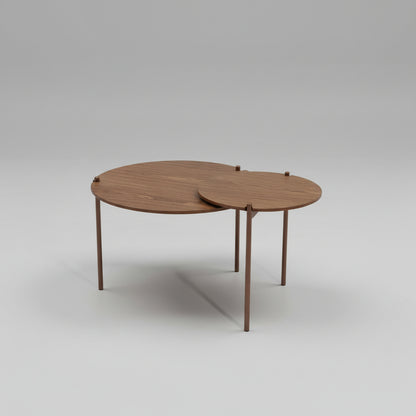 Wooden coffee table with a unique design on a concrete floor