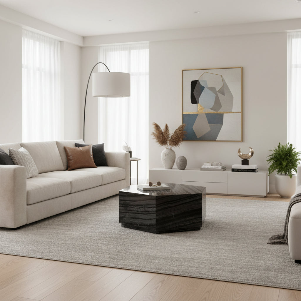 Hexagonal dark stone side table on a white background