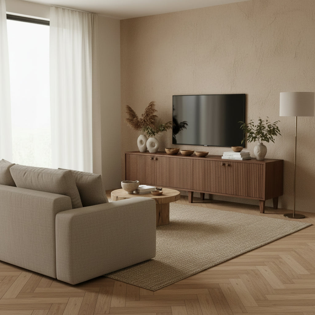 Wooden sideboard with slatted doors on a plain background
