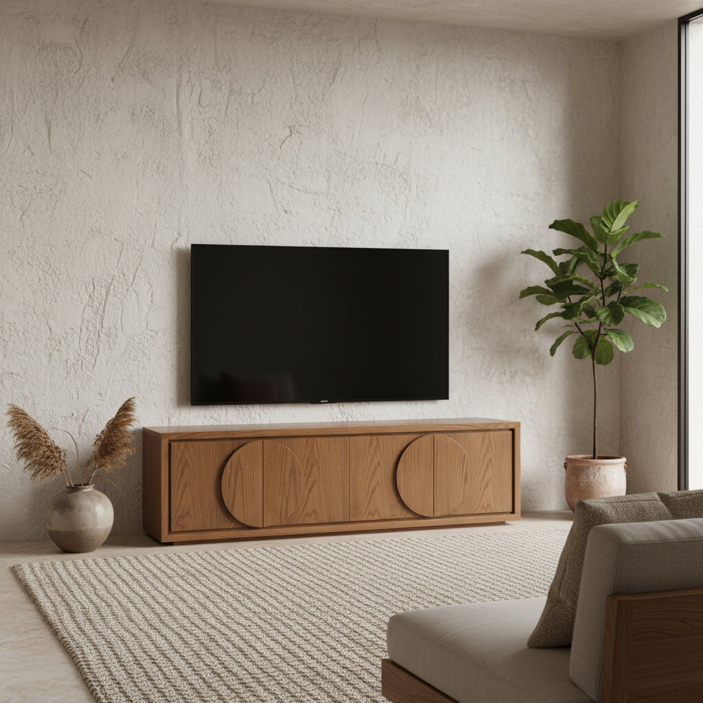 Wooden cabinet with circular designs on a light gray background