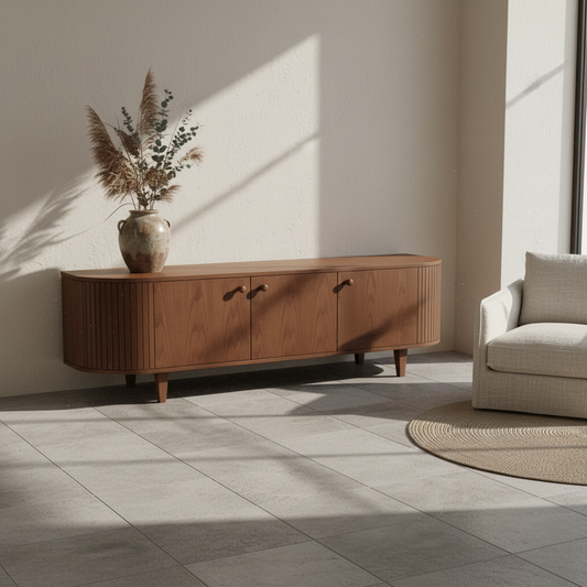 Wooden sideboard with four doors on a tiled floor