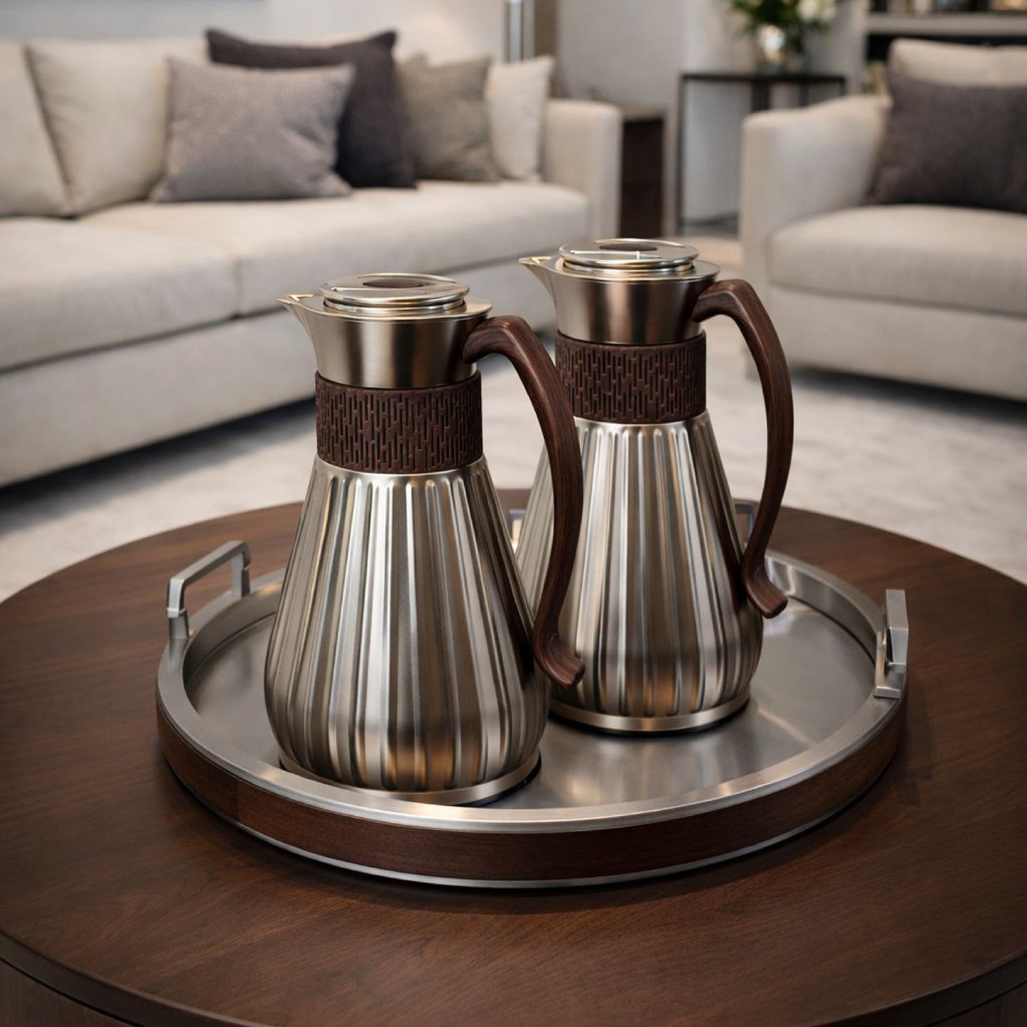 Rajwa Silver Thermos Set with Wooden Handle - 2 Pieces (1L + 0.7L)