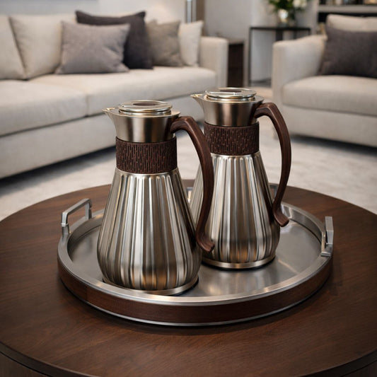Rajwa Silver Thermos Set with Wooden Handle - 2 Pieces (1L + 0.7L)