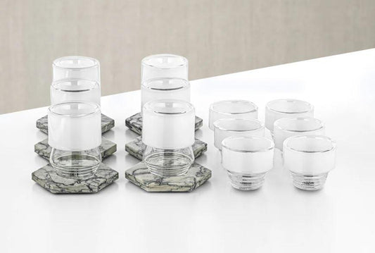 Crystal & Marble Collection - Tea & Coffee Glass Set 18 Pieces Clear with Marble Saucers