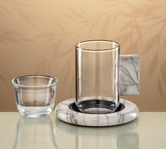 Monochrome Elegance Collection - Tea Set 18 Pieces Clear with White Marble & Matt Black Accents