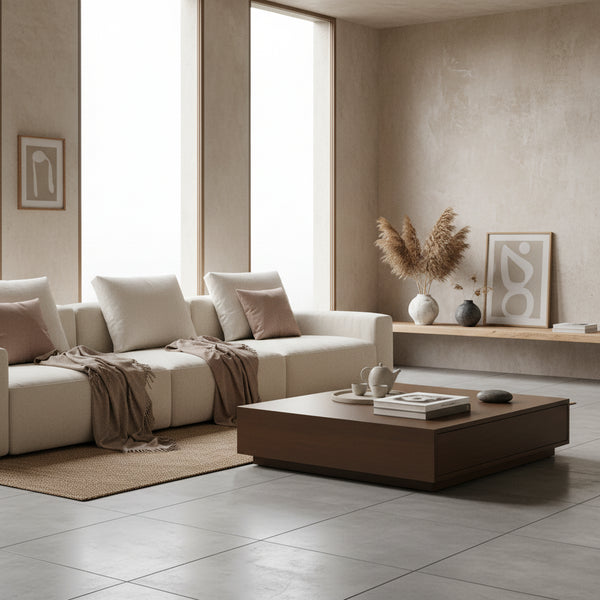 Modern living room with beige sofas, a wooden coffee table, and decorative items.