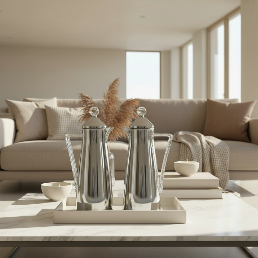 Modern living room with a beige sofa, decorative items on a coffee table, and large windows.