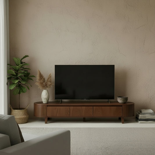 Wooden TV stand on a white background