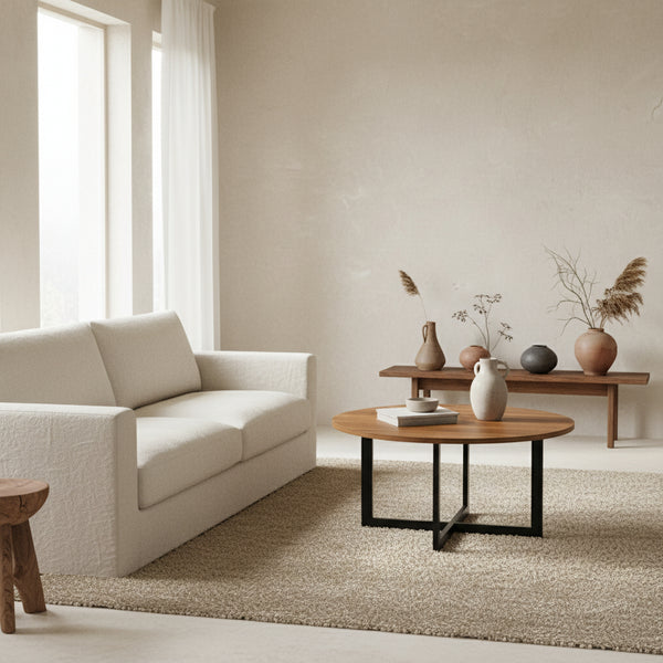 Luxury Round Coffee Table 80×45cm | Walnut & Black | Premium Living Room Collection