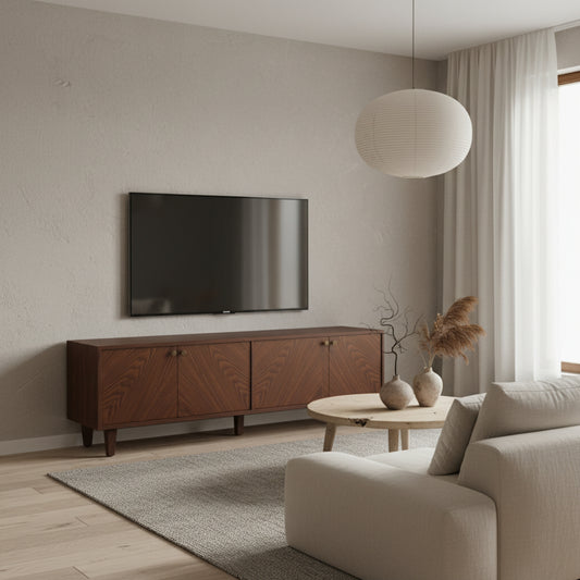 Wooden cabinet with three doors on a white background