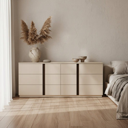 Beige sideboard with wooden accents on a white background