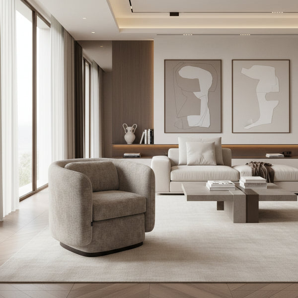 Beige armchair next to a potted plant against a wall with a horizontal stripe.