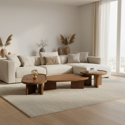 Set of three wooden tables on a gray background