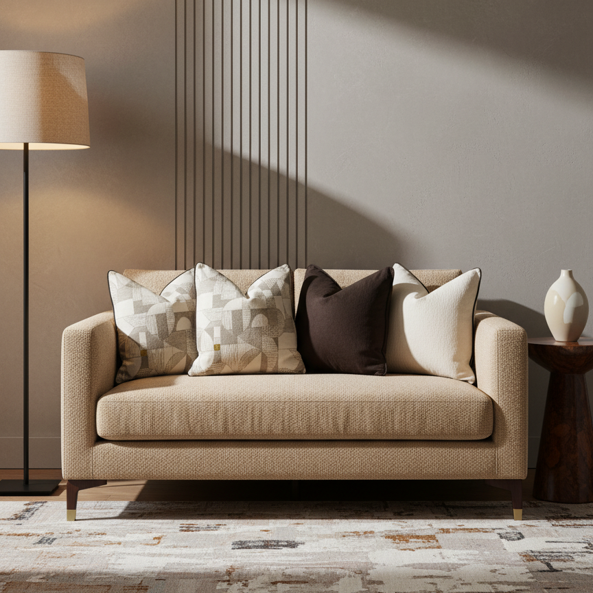 Beige sofa with decorative pillows in a modern living room setting.