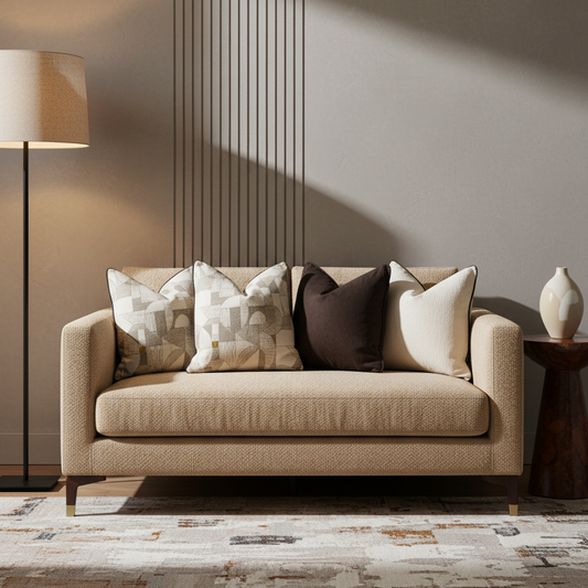 Beige sofa with decorative pillows in a modern living room setting.