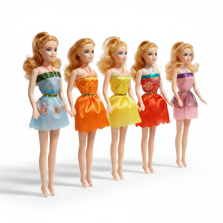 Five dolls in colorful dresses standing side by side on a white background