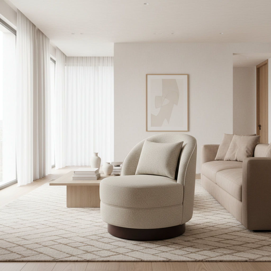 Two beige swivel chairs in a room with a blurred background